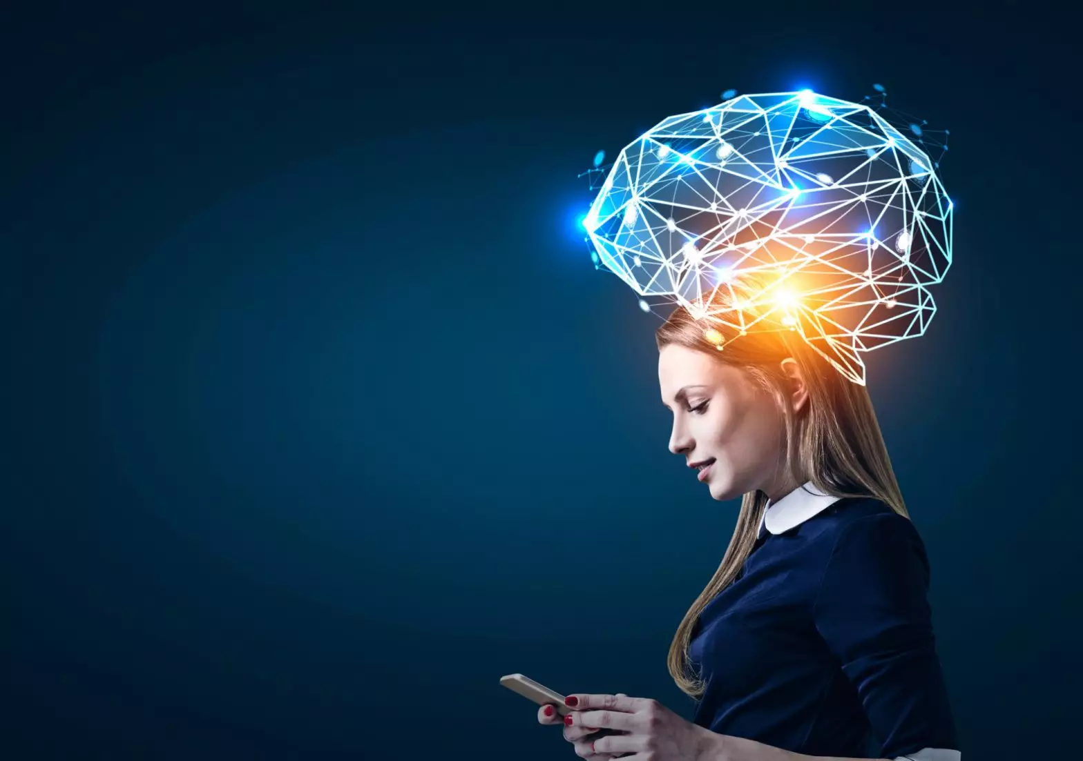 a woman is looking at her cell phone with a glowing brain on her head